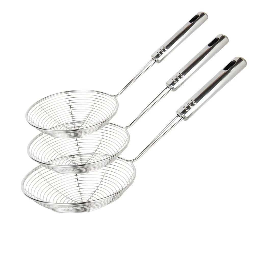1/3 Uds colador de araña espumadera ovalada filtro de malla de acero inoxidable con mango para freír alimentos Pasta Spaghetti herramienta de cocina