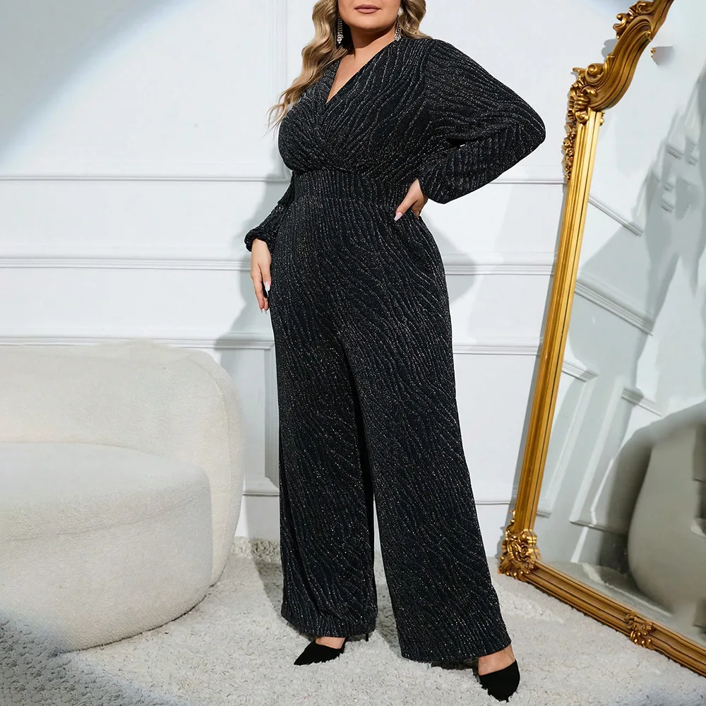 Women Plus Size Jumpsuits Fashion Versatile Jumpsuit Pants Large Size Female V-neck Wide-legged Long-sleeved Velvet Jumpsuit New