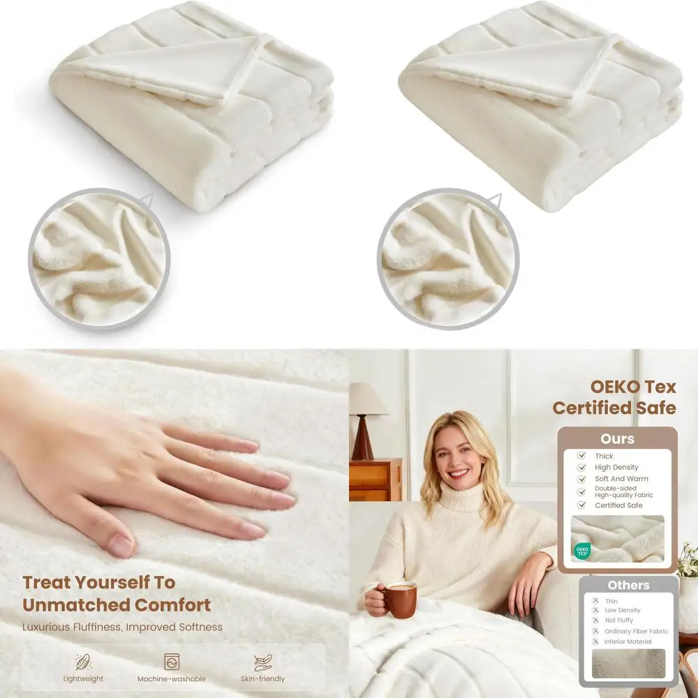 

Кремово-белое плюшевое двустороннее одеяло из кроличьего меха, мягкое и уютное для дивана, кровати и дивана, можно стирать в машине (90x9