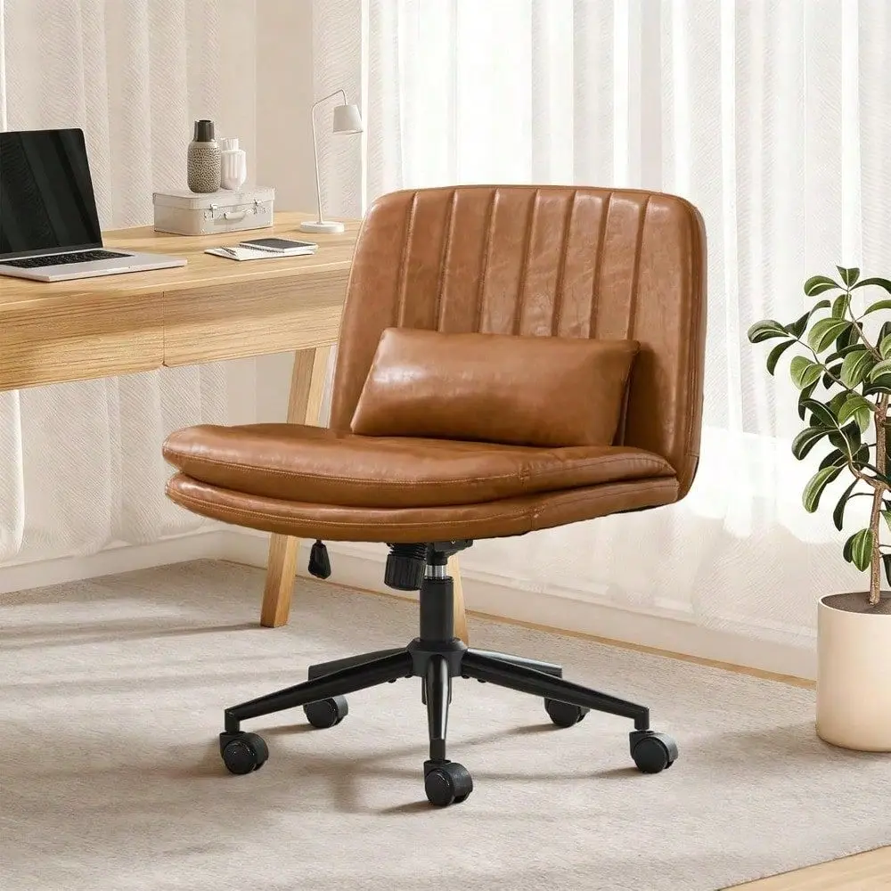 

Cross Chair With Wheels, Comfy Armless Cross Legged Office Chair With Wide Seat, DoubleThick Cushion, Pillow, Adjustable Swivel