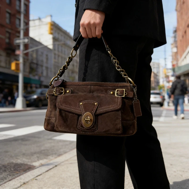 

Ретро-сумка-хобо из замши для женщин с металлической пряжкой и цепочкой, в стиле Y2K, сумка для поездок на работу, мотоциклетная сумка, высококачественная сумка для ежедневных поездок