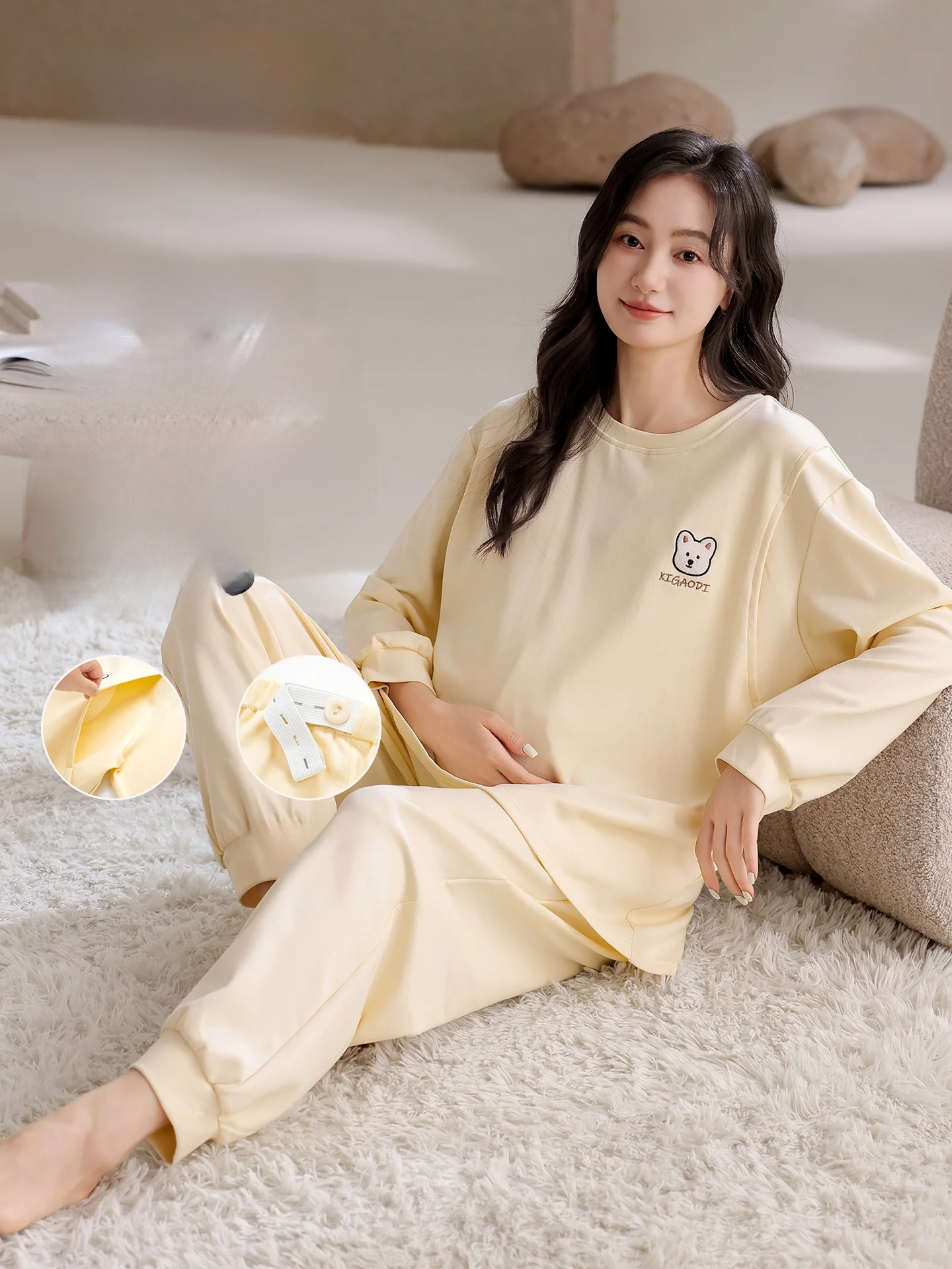 pure-cotton-maternity-sleepwear-women's-home-clothes-set-with-chest-pad-pregnancy-nursing-full-cotton-long-sleeve-round-neck