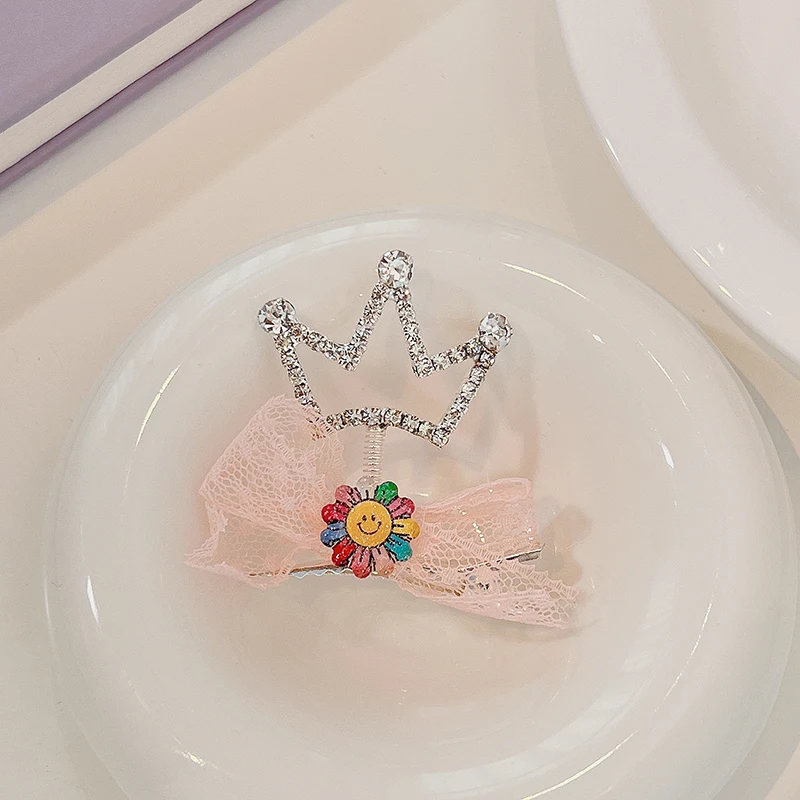 2022 New Girls Cute Shiny Rhinestones Crown Cartoon Ornament Hair Clips Children Sweet Bow Hairpins Kids Hair Accessories