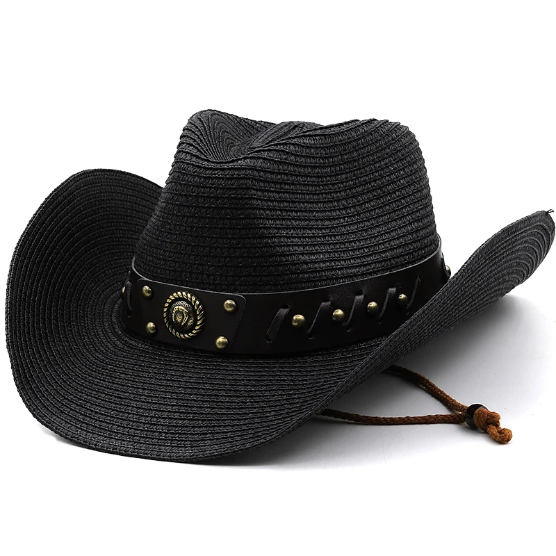 Simple Cowboy Hat Men\'s Sun Hat Wide Brim Fedora Hat Belt Decorate Beach Straw Hat for Men UV Protection Cap Chapeau Femme