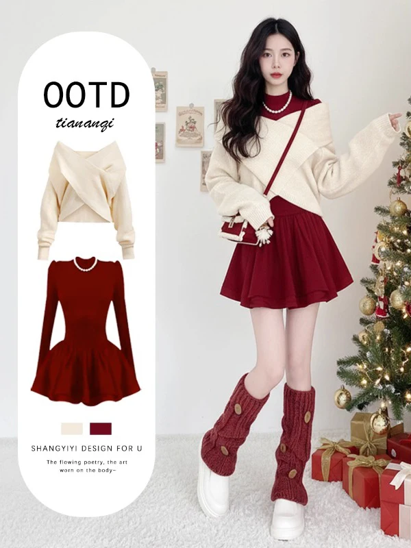 

Красный вязаный свитер Cisas Aosphere с эффектом похудения, зимний модный комплект для женщин, с V-образным вырезом, длинными рукавами, во французском стиле