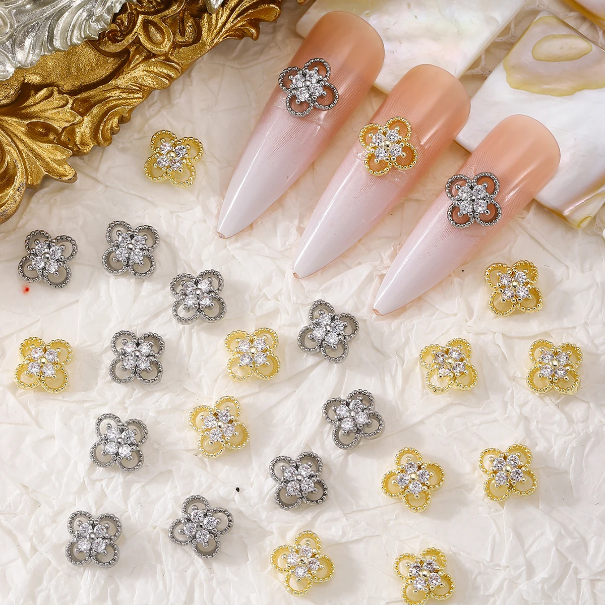 6 pcs hollow four-leaf clover nail accessories y2k metal style nail decoration, Japanese ins style diy nail flash metal diamond