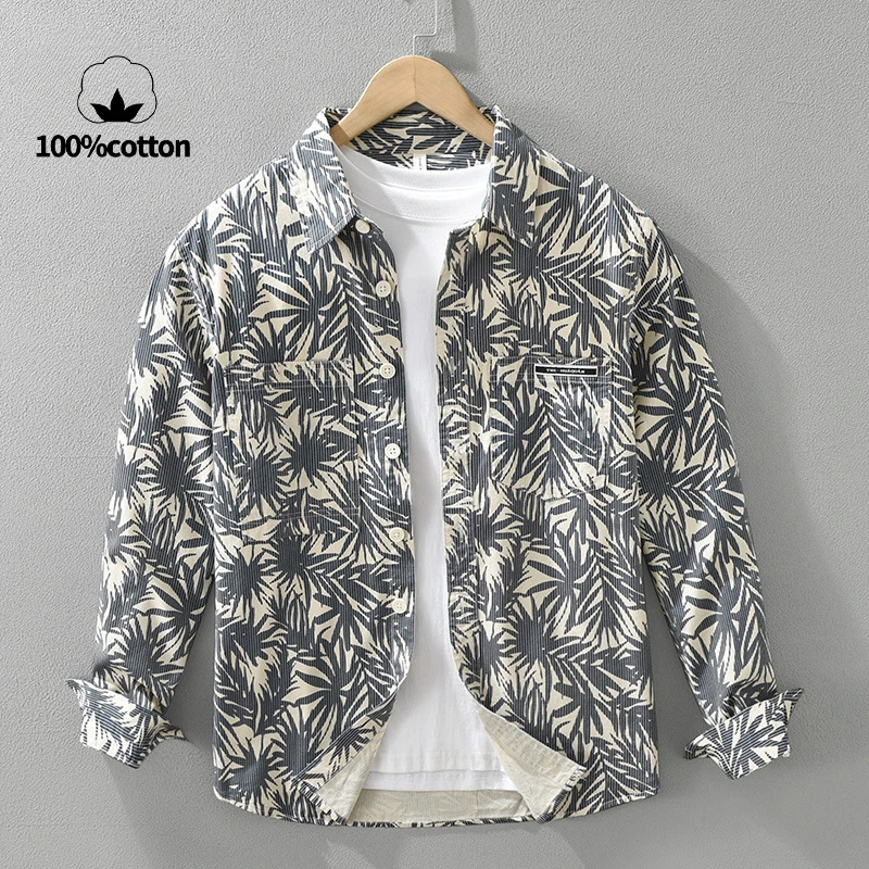 

100% cotton, high-quality printed vacation-style men's loose casual, breathable, sweat-wicking long-sleeved shirt.