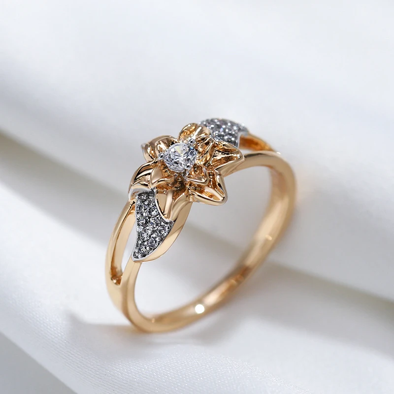 Kinel Hot 585 Rose Gold Color Silver Plated Flower Rings For Women Vintage Natural Zircon Bride Wedding Jewelry Luxury Ring