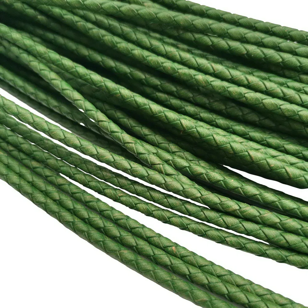 

4mm Distressed Green Braided Leather Cords Woven Folded Genuine Leather Strap Jewelry Making Bolos Tie