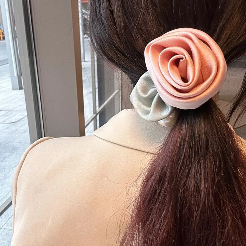 

French Fabric Rose Flower Elastic Band Sweet Girl's Hair Accessory Low Bun Hairband Elegant Soft Texture New Style