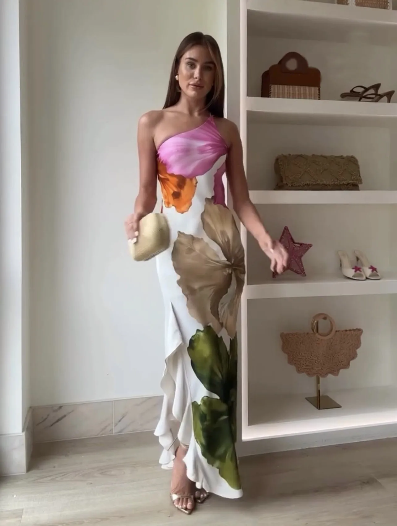 

Fashion Contrast Printed Suspender Dress Summer New Off Shoulder Slanted Collar Asymmetrical Splicing Ruffled Split Long Dresses