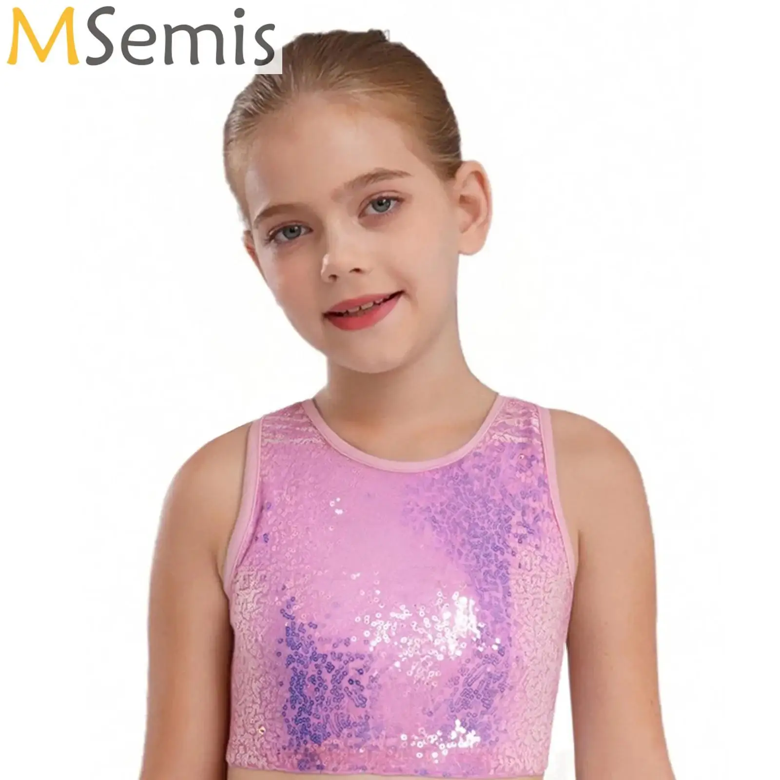 

Kids Girls Sequin Dance Crop Top Sleeveless Sparkling Sequin Tops for Cheerleading Jazz Dance Gymnastics Stage Performance