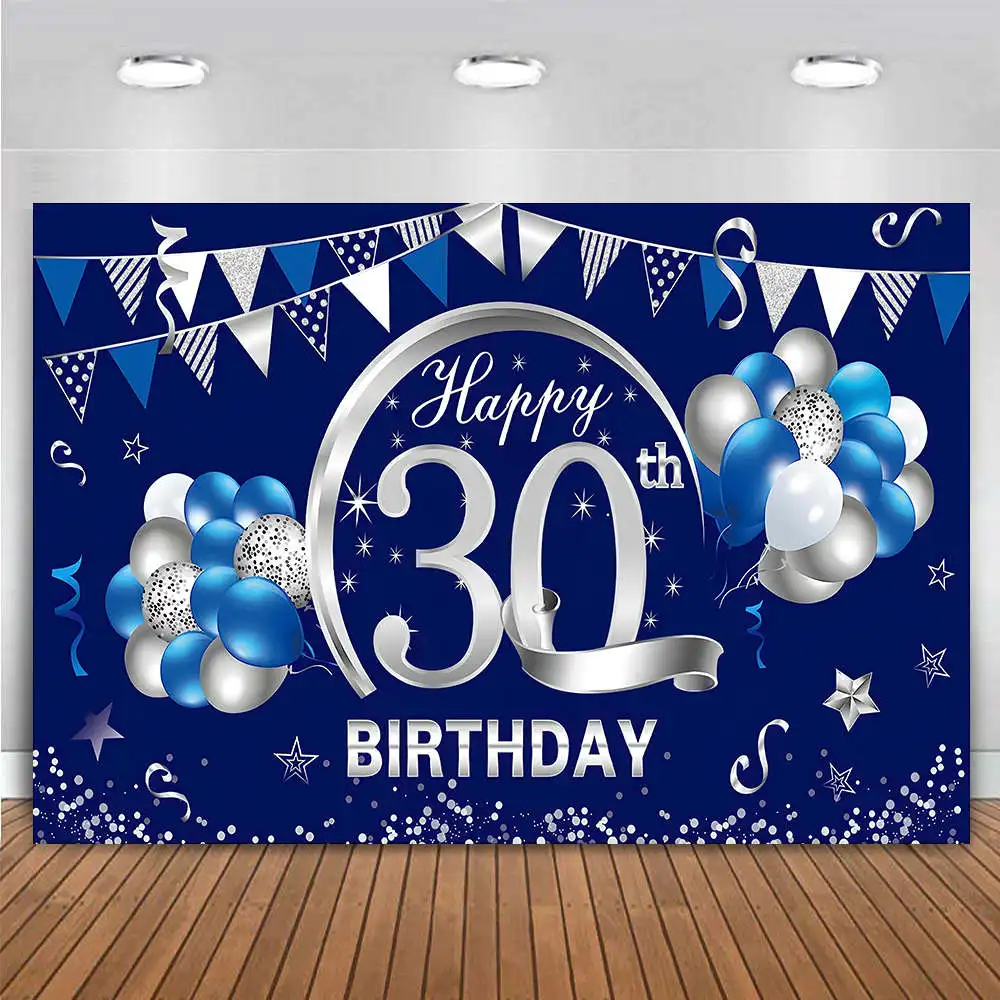 

Custom Happy 30th Birthday Party Decoration Backdrop Banner Thirty 30 Years Old Blue Silver Photography Background for Men Women