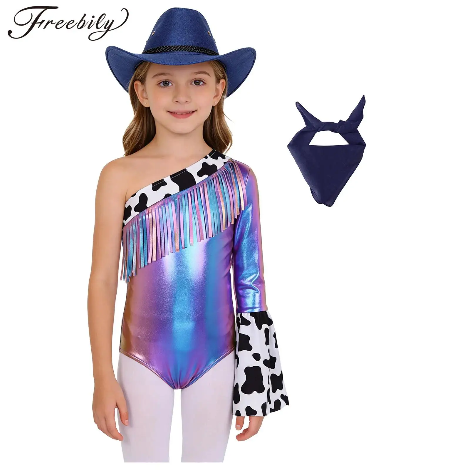 

Girls Western Cowgirl Cosplay Costume One Shoulder Metallic Shiny Tassel Dance Bodysuit with Hat Bandanna for Halloween Carnival