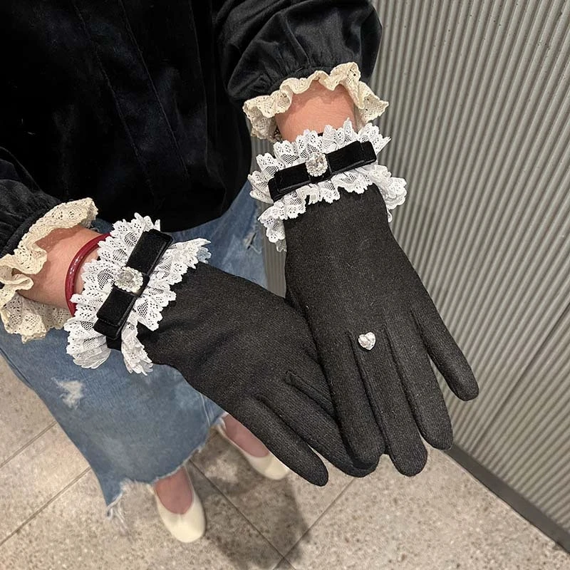 

Женские перчатки для сенсорного экрана, украшенные стразами, кружевные варежки в японском стиле с бантом в стиле Лолиты, перчатки для вечеринок и повседневных вечеринок