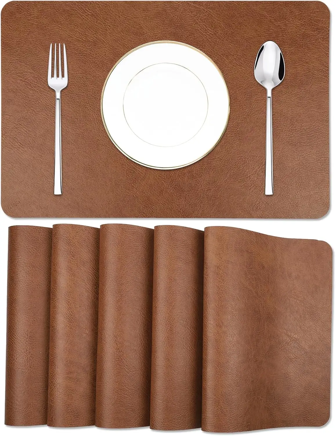 Cowhide Pattern Faux Leather Placemats Set of 6 Kitchen Dining PU Table Place Mats Washable Non-Slip Double-Sides Available Pads