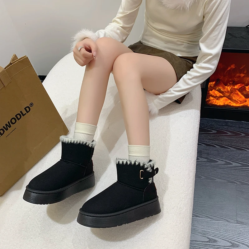 Winter 2024 Women's Cropped Plush Comfortable Warm Snow Boots Casual Shoes New Suede Fur Chelsea Ankle Boots Flat Women's Shoes