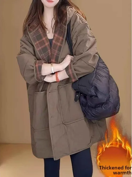 

Thiened down Cotton Jaet Long Sve Hooded Coat Korean Sle Commute Large Brand New Winter Collection Loose Fit Outerwear