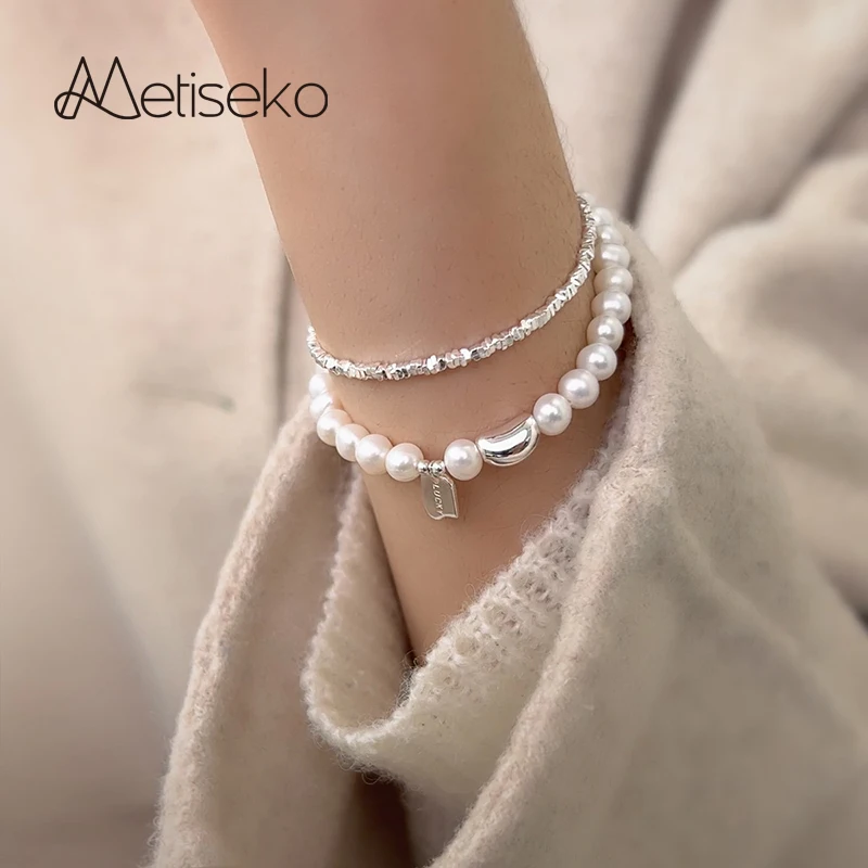 Metiseko Natural Freshwater Pearls 925 Sterling Silver Bean Bracelet LUCKY Letters Tag Silver Squares Stackable Women\'s Bracelet