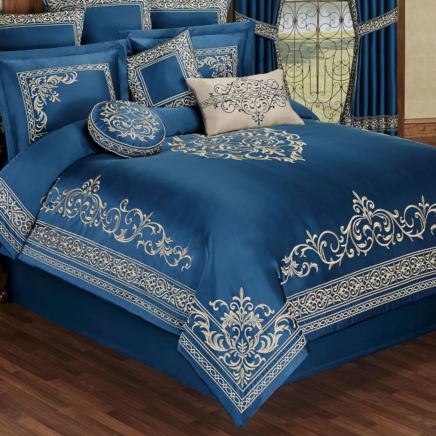 

Touch Of Class Buckingham Luxury Bedding | Royal Sapphire Blue | Palace-Inspired Elegant Golden Scrollwork Embroidery On Sateen