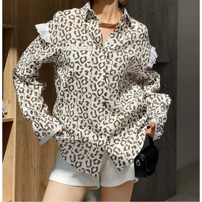 

Осенняя мода 202, хлопково-льняная повседневная рубашка с длинными рукавами в тонком стиле розового цвета с леопардовым принтом