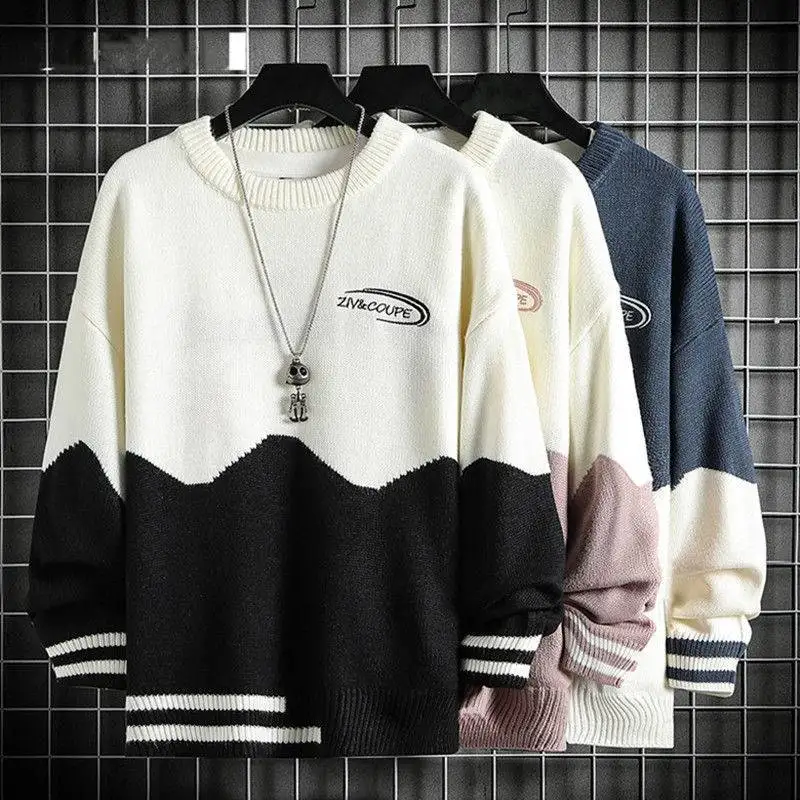 

Laid-ba Sle round Ne Knitwear Men's Autumn Winter Casual Color Blo Korean Trendy Overhead Top Loose Fit Long Sve