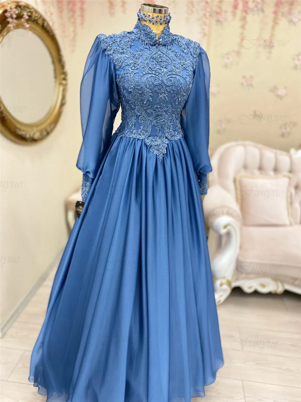 Elegante Blau Abendkleider für Frauen 2022 Vestidos De Boda Invitada A-Line Spitze Perlen Langen Ärmeln Muslimischen Formale Party Prom