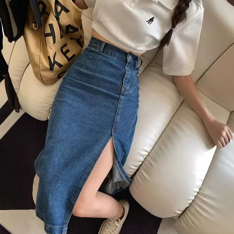 

2025 Fashionable Slim-fit Denim Full length Skirt For Women Figure hugging Skirt With A Slit Mid-length High waist Large sized