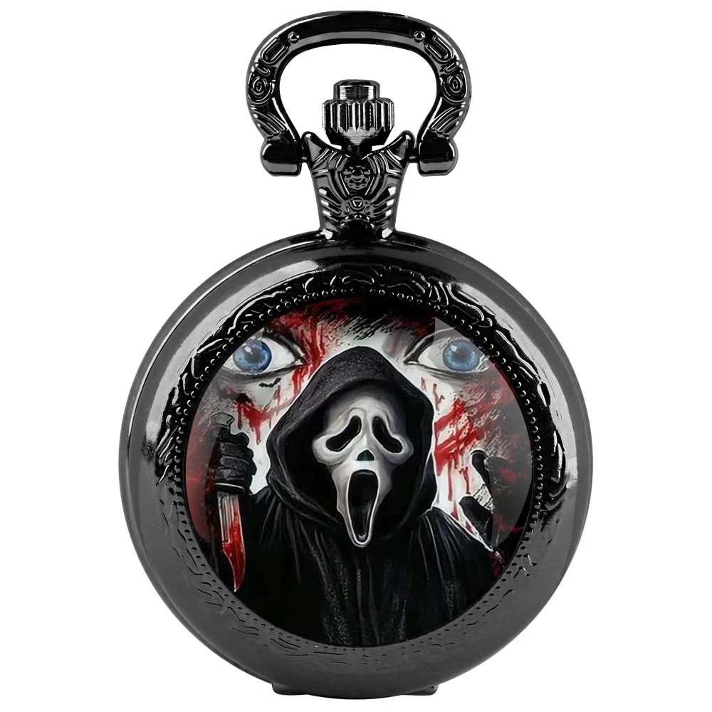 Orologio da tasca al quarzo nero con cupola in vetro Scream Ghost con quadrante con numeri arabi e catena resistente, regalo retrò per uomo e donna