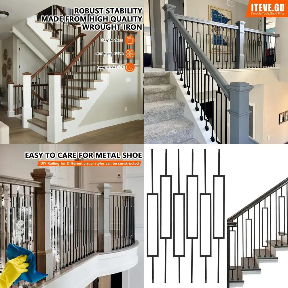 

10-Pack Hollow Rectangular Iron Balusters, Decorative Metal Spindles for Decks and Staircases, 1/2 Inch Square Base, Satin Black