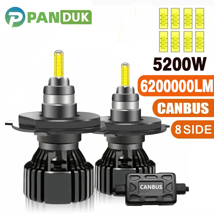 PANDUK 360 H4 H11 LED 6200000LM 5200W Canbus 9012 HIR2 H7 H1 H3 H8 D1S D2S 9005 HB4 9006 Farol de carro LED 6000K Lâmpada de neblina 12V