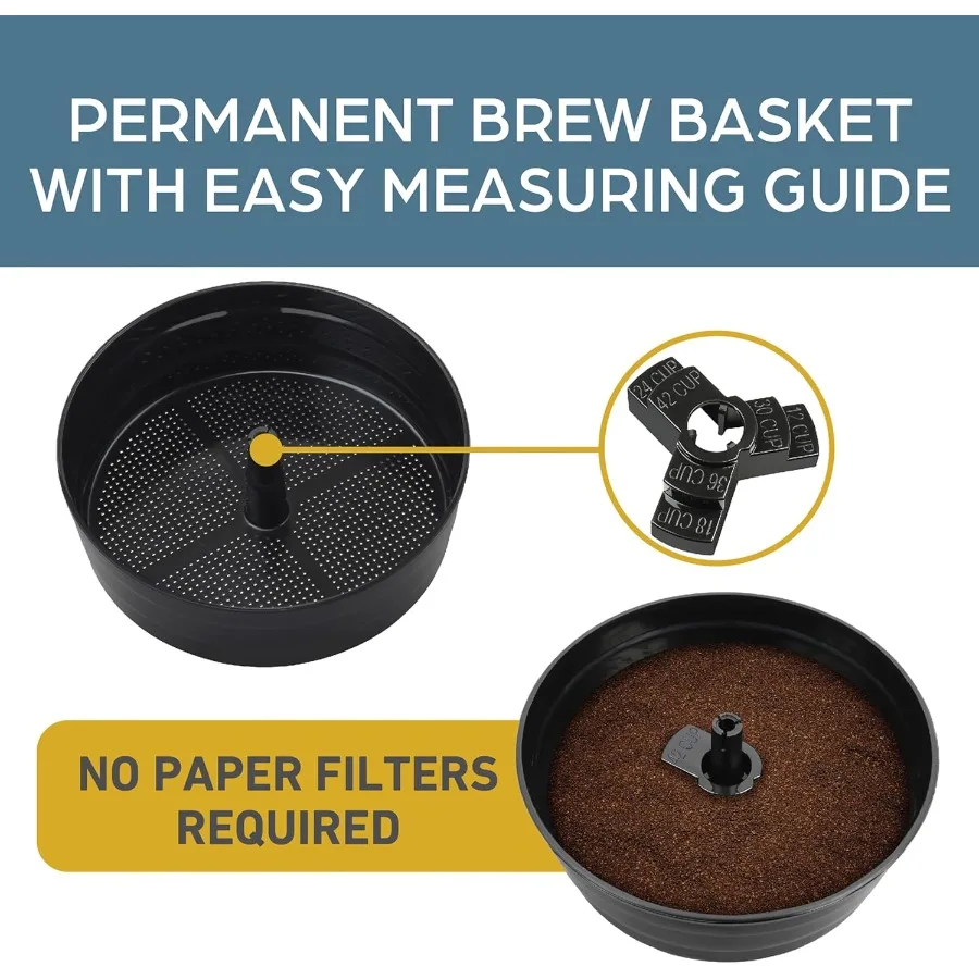 高度に研磨されたアルミニウム製のコーヒー壺で、自動温度制御により効率的なカップ分単位の抽出が可能で、インバスケットが付いています。