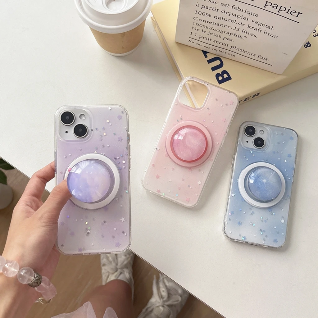 

Dreamy Color Gradient Glitter Star Sequin Crystal Ball With Holder Magnetic Phone Cover Case for iPhone 16 15 14 13 Pro Max
