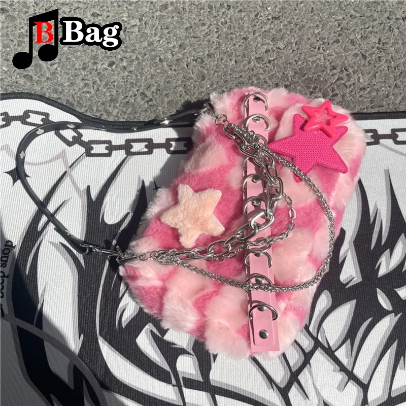 Pink plush shoulder bag Hot girl cute sweet tote woman star pattern diagonal cross handbag everyday goth punk versatile y2k