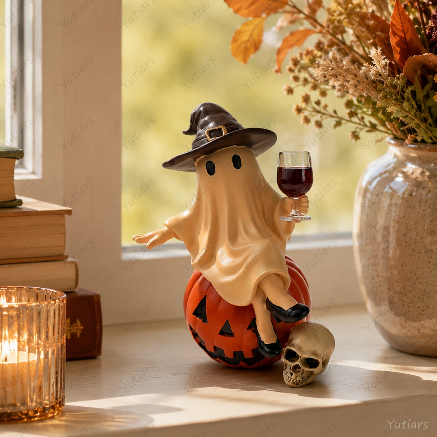 Gruselige Halloween-Geisterstatue mit Hexenhut, Weinglas, Harzornament, niedliche Tischdekoration, Geschenk für Freunde und Familie – Detail 5