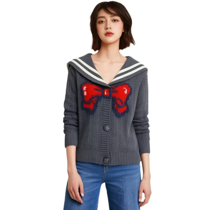 

Fashionable Grey Cardigan for Women with Sailor Collar Bow Tie Patch Embroidery Exquisite Knitwork Autumn Winter New Arrival