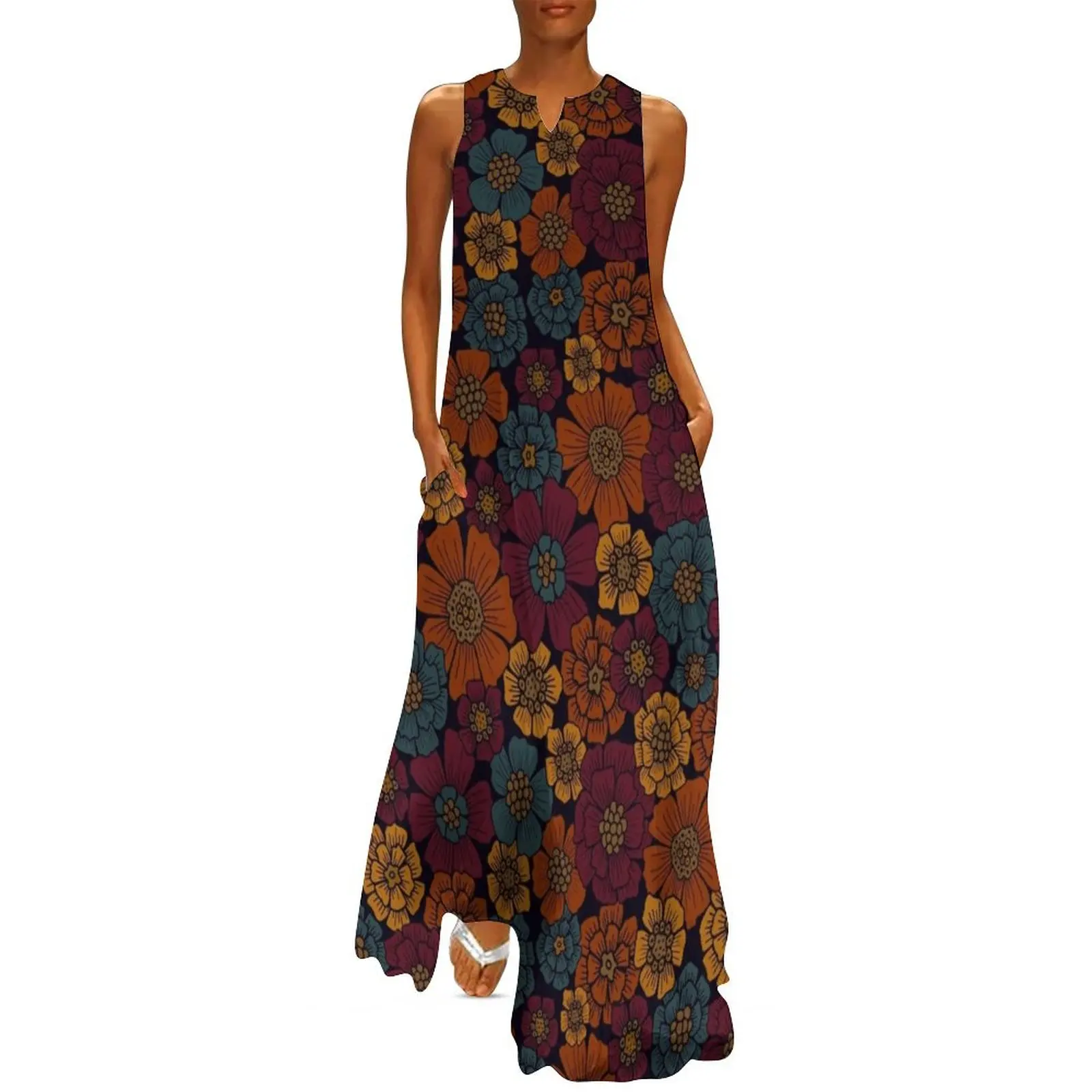 

Dark Burgundy, Teal & Mustard Floral Long Dress Women's skirt dresses korean style Dress