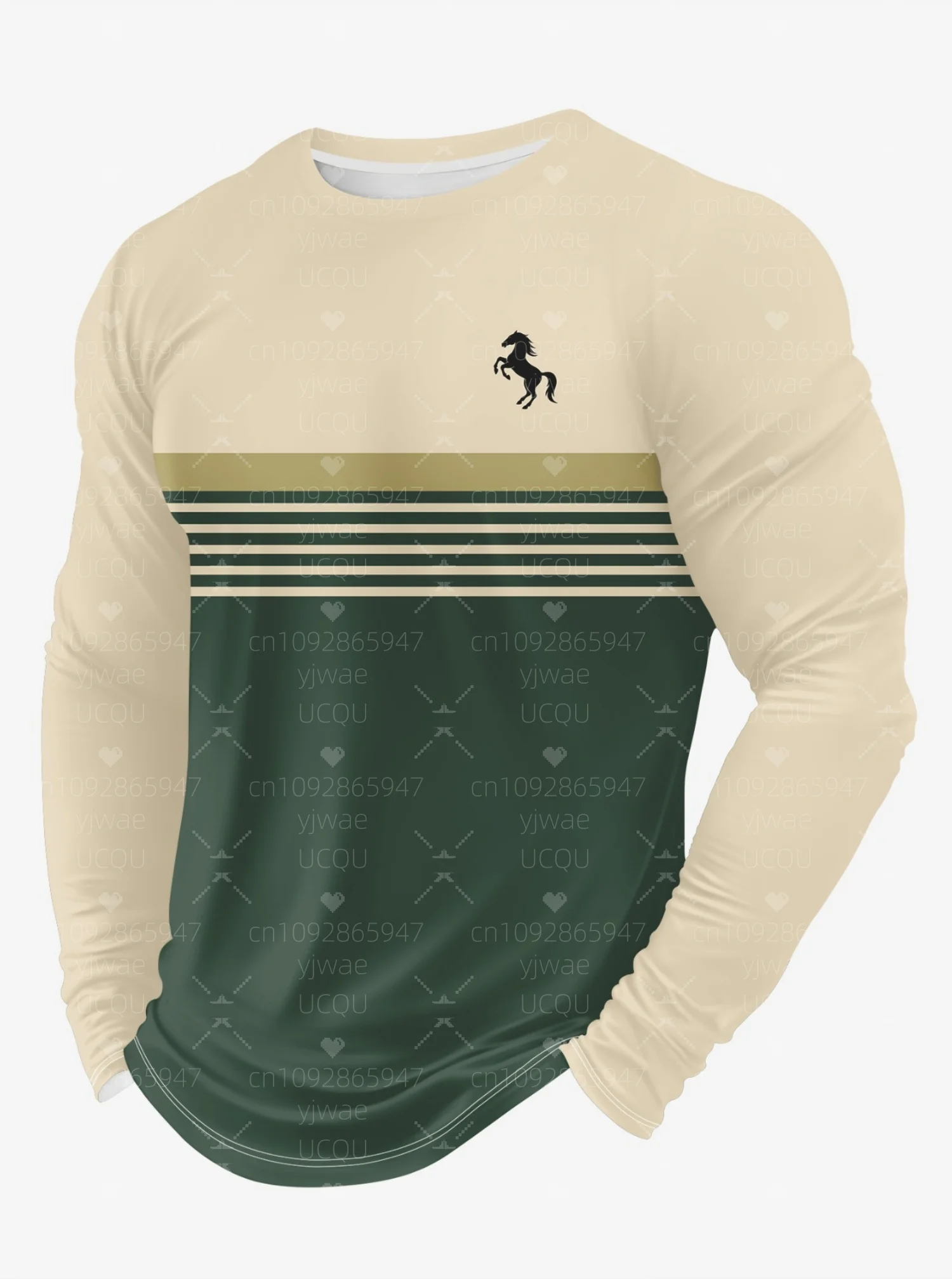 

2025 Autumn Men's Long Sleeved T-Shirt Comfortable Retro Sport Horse Stripe Printed Round Neck T Shirt For Man Men Clothing