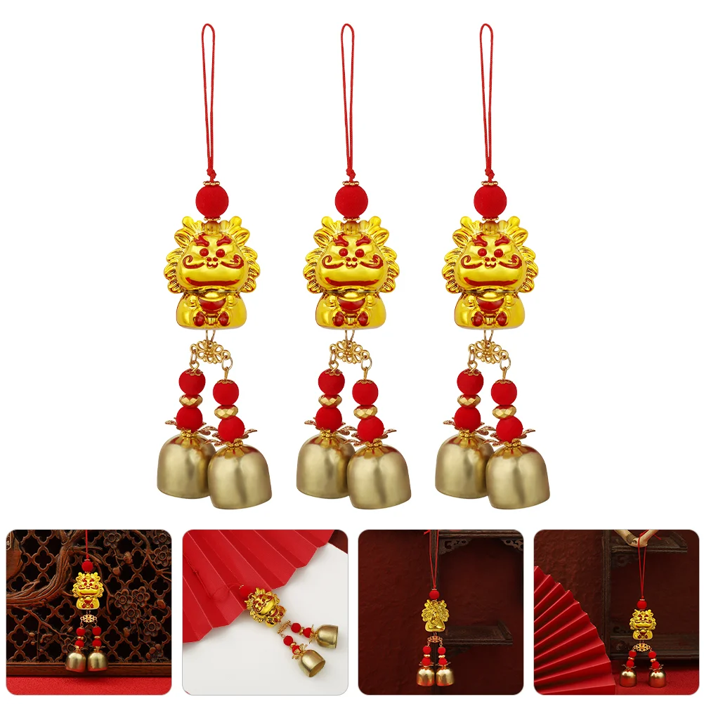 

3 Pcs Year of The Dragon Golden Lucky Wind Chime Pendant Bell Hanging Decor Lid Car Polyester Festival Goldendoodle Ornament