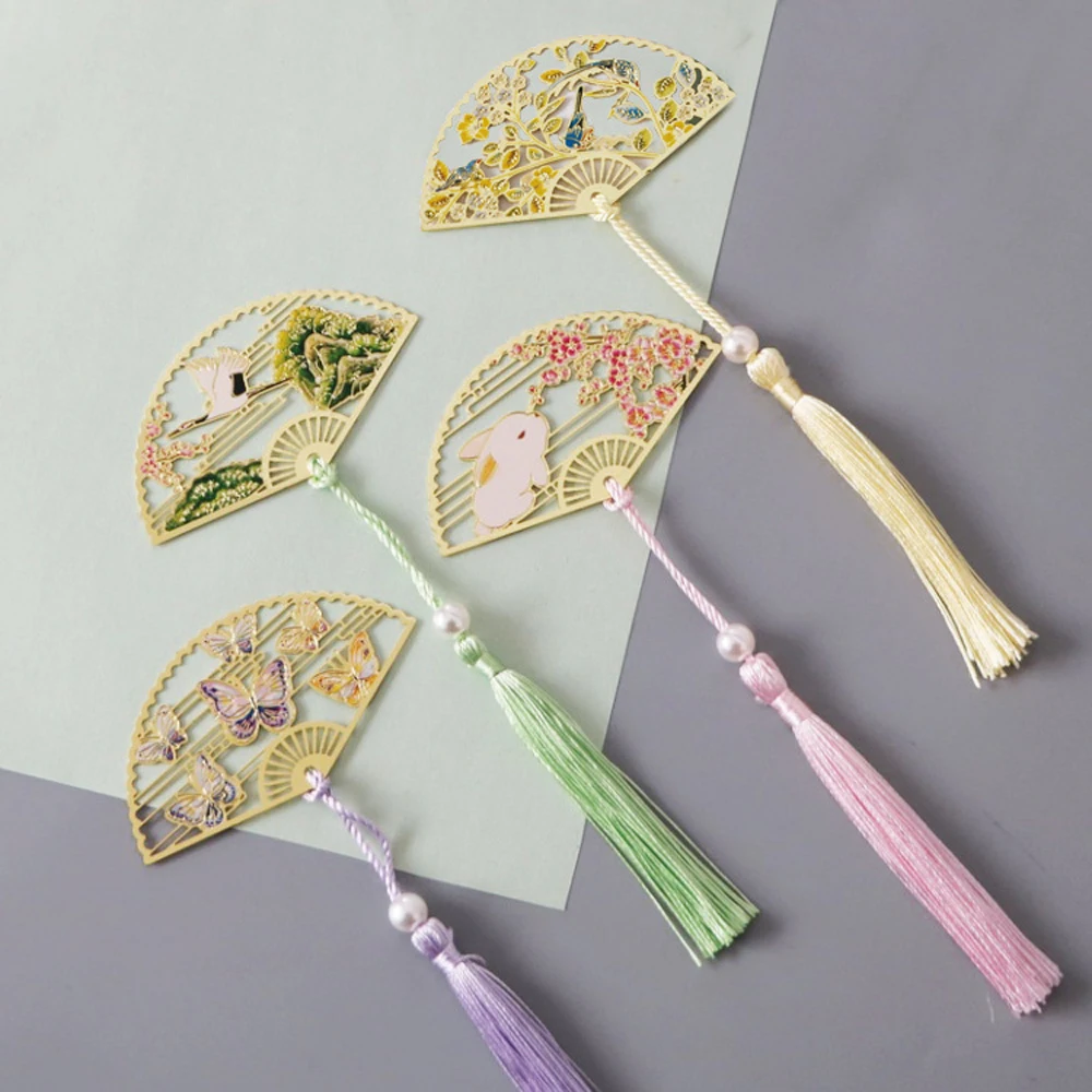 Stationery Chinese Style Flower Tassel Crane Pagination Mark Folding Fan Shape Brass Bookmark Book Clip