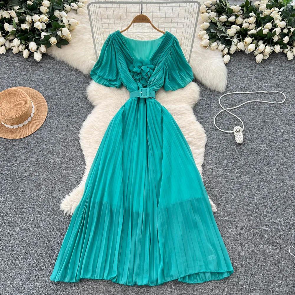 Elegancka, seksowna sukienka letnia damska w stylu boho z dekoltem w serek, szyfonowa, marszczona, w kształcie litery A, luźna, odzież damska.