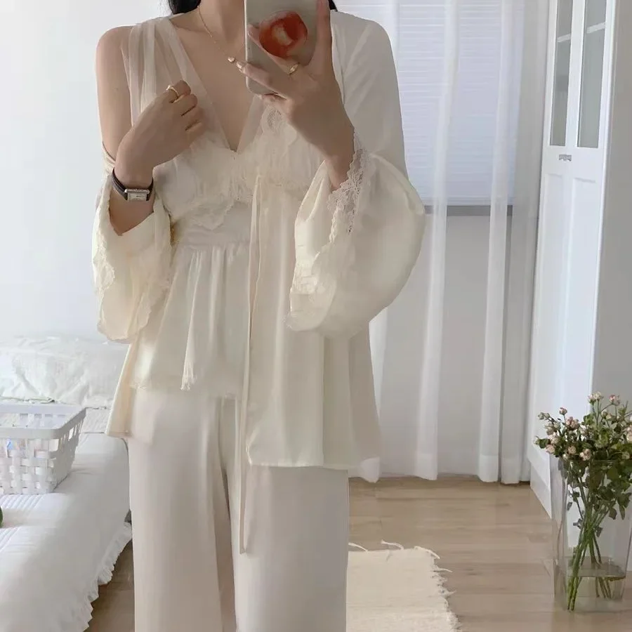 

Кружевной топ на бретельках с v-образным вырезом и брюки, ночная рубашка для отдыха, милые пижамы в стиле принцессы, женский пижамный костюм, домашняя одежда, комплект из 3 предметов, одежда для сна