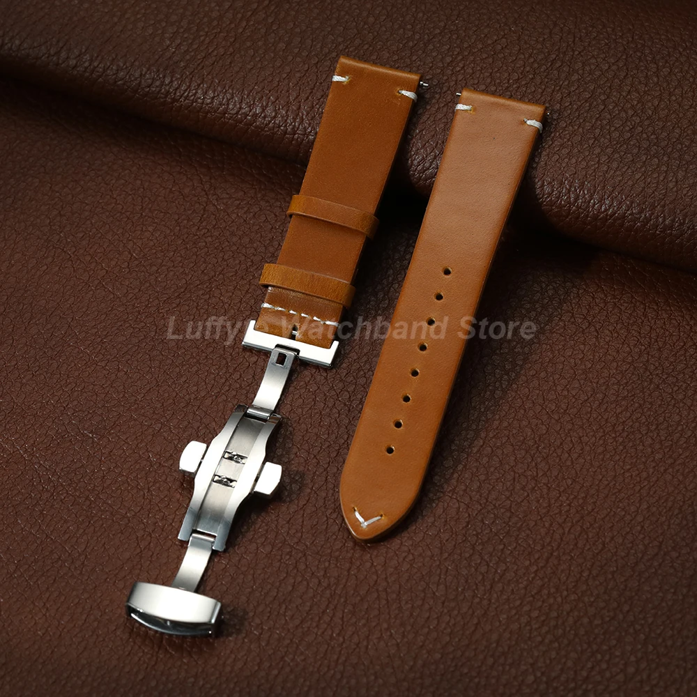 Ölwachs-Leder-Uhrenarmband mit Schmetterlingsschnalle für Herren, Schnellverschluss, 18 mm, 20 mm, 22 mm, universelles Business-Uhrenarmband