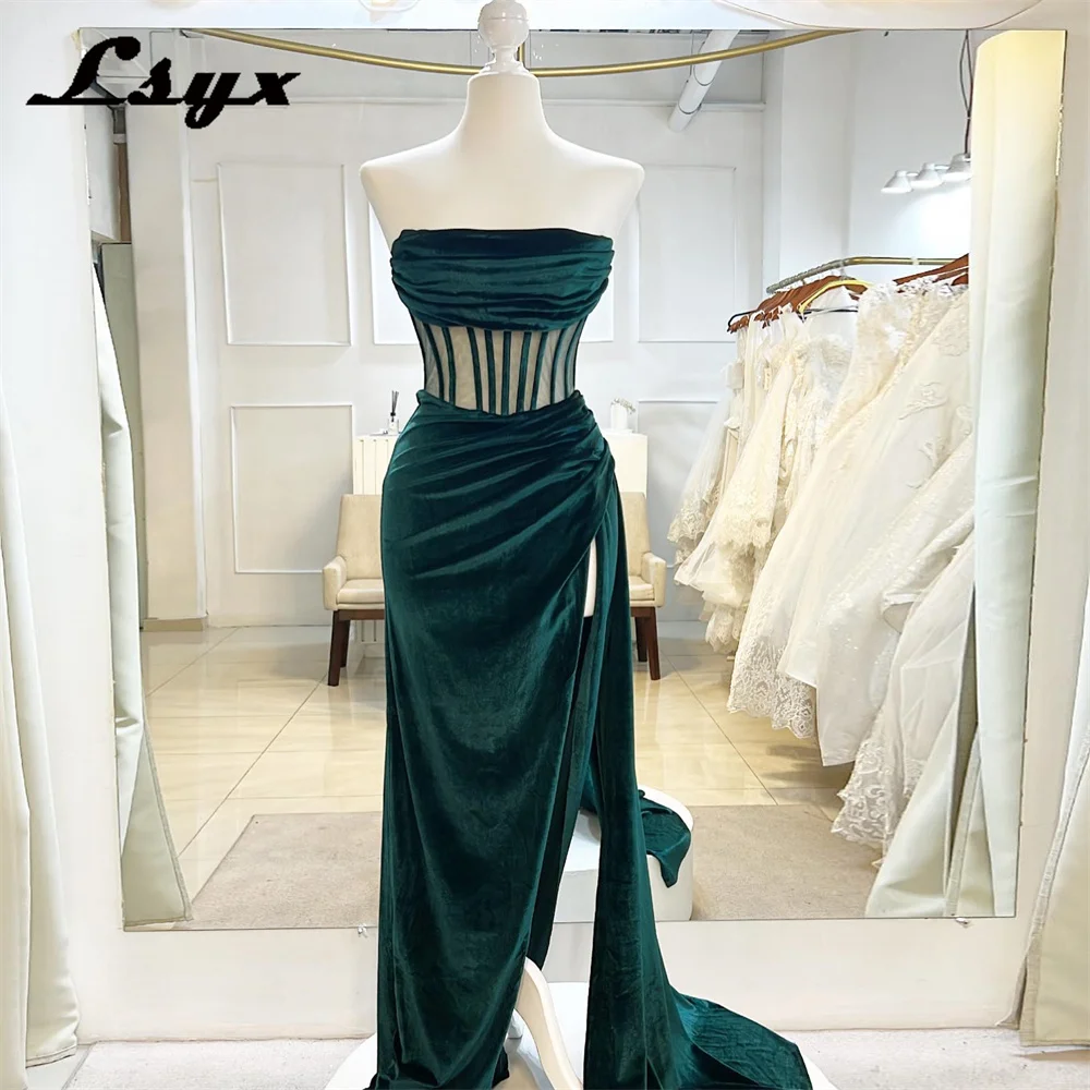 

LSYX Strapless Velour Sheath Evening Dresses Formal High Side Slit Sleeveless Party Prom Gowns Saudi Arabia