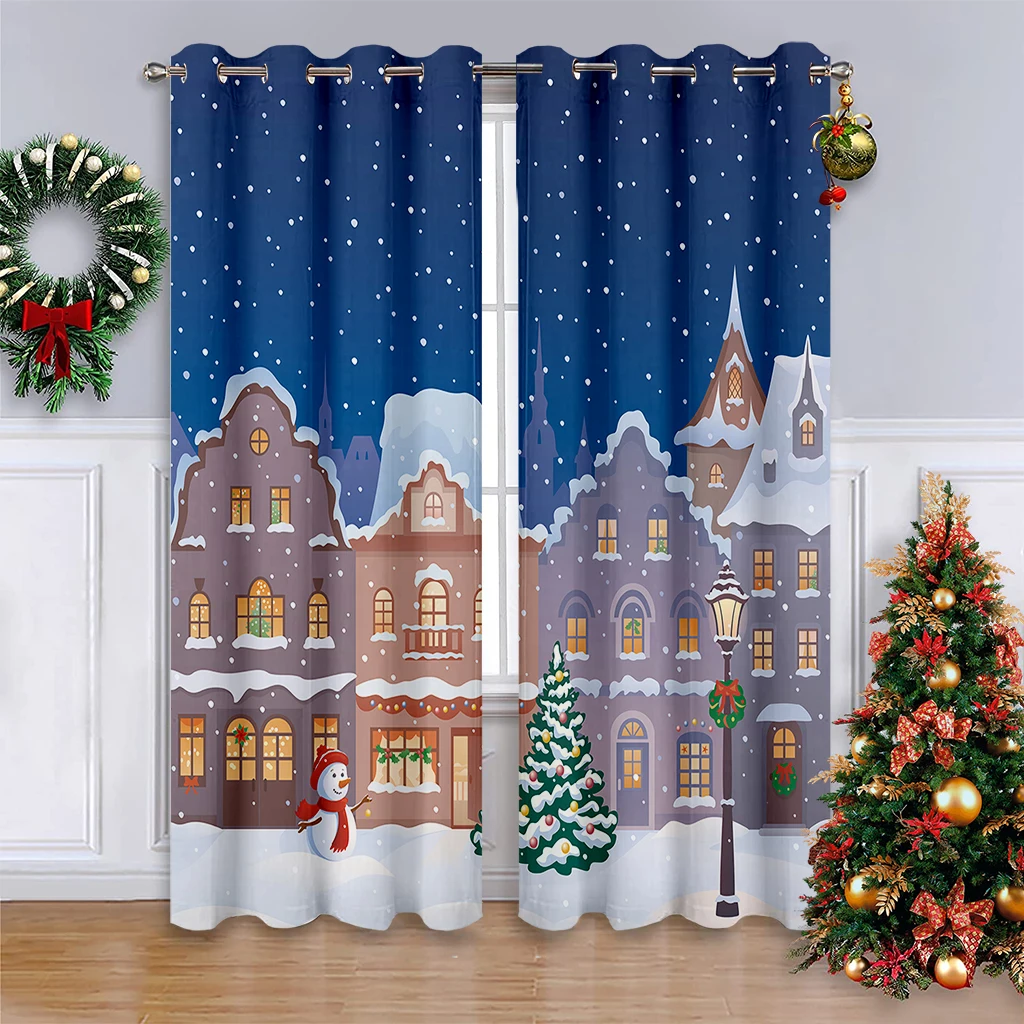 2pcs Curtains With Cartoon House Print, 100% Polyester; Christmas-Themed Curtains For Children's Rooms; New Year's Gift.