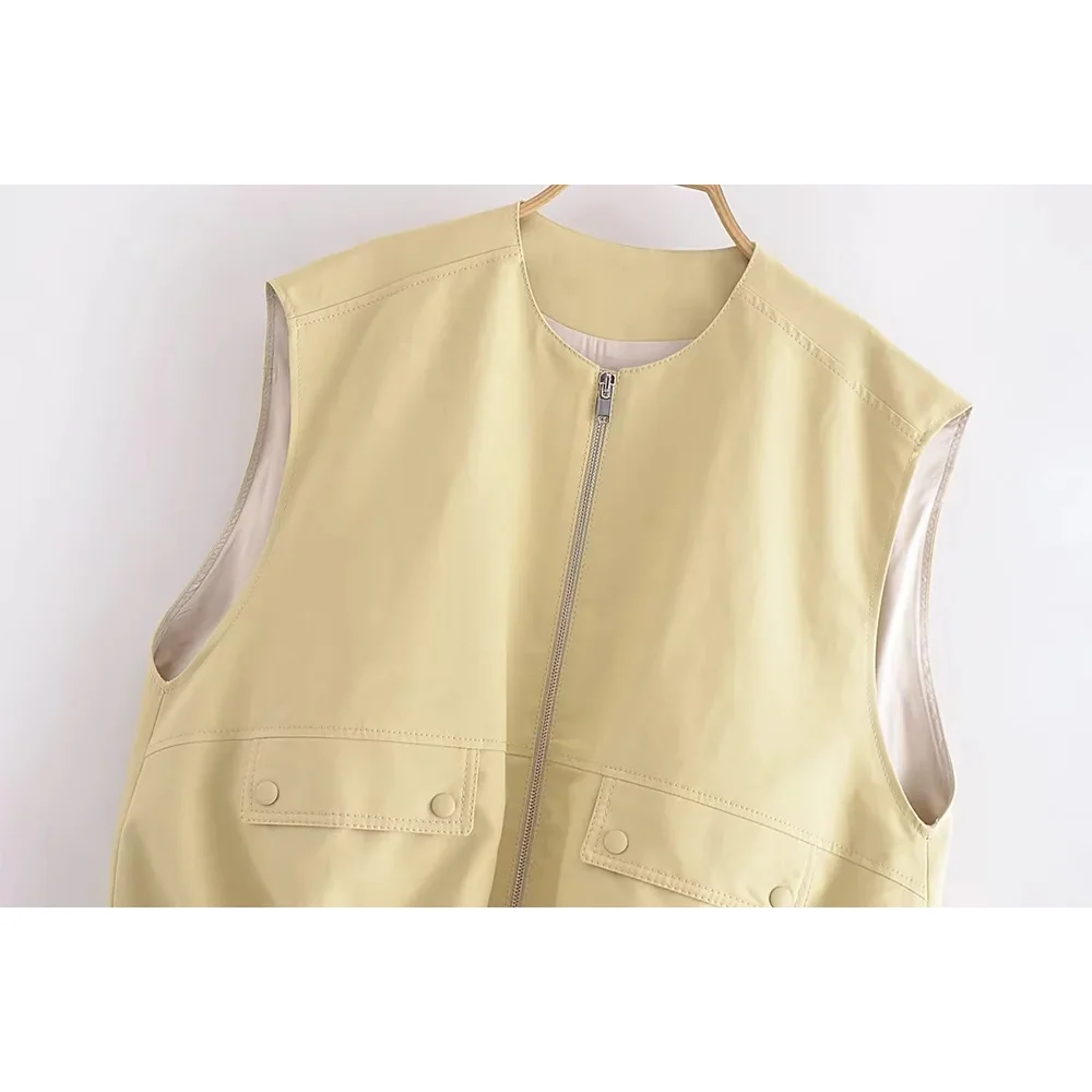 TRAF 2023 Autumn Casual Solid Ruched Vest Fashion Casual Winter O Neck Sleeveless Waistcoat  Zipper Sleeveless Jackets Winter