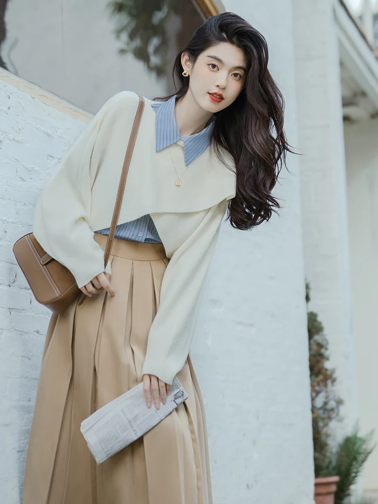 Fashion Elegant Three Piece Skirt Set Women Spring Autumn Sweater Shirt and Long Skirts Outfits