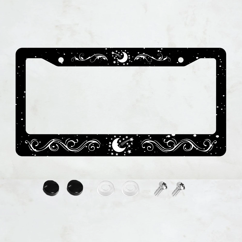 

Black 2-Hole License Plate Frame with Moon Star Pattern, Aluminum Material, 6x12 Inches, Includes Screw Set Car Decoration