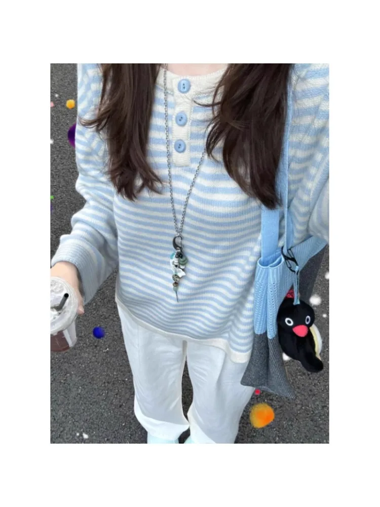 

Loose Women's Knitted Sweater Striped Color Blo Autumn Winter New Sle Comfortable Lazy Blue Stripe Long Sve round Ne