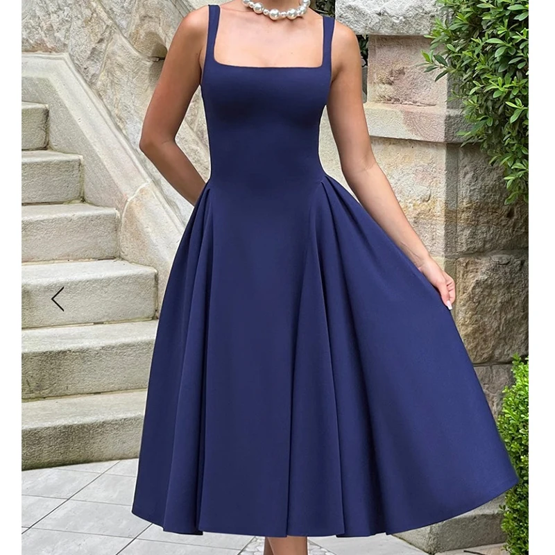 YENKYE Women Sexy Elegant Navy Blue Tank Dress Square Neck Low Waist A-line Midi Evening Party Dresses Summer Robe 2025